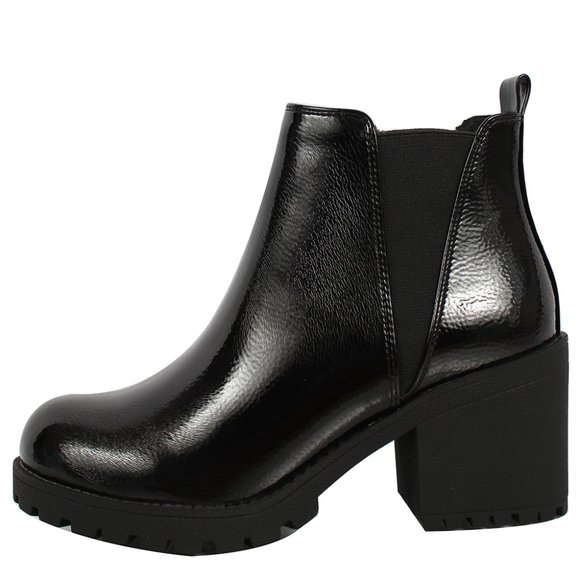 Shoes - Black Crinkle Faux Leather V Slit Chelsea Block Heel Ankle Bootie